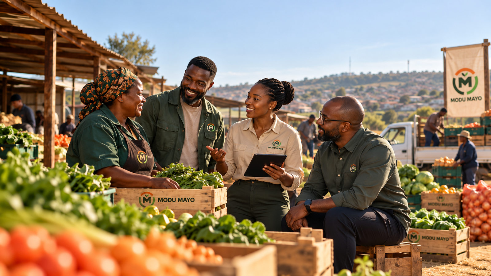 Illustrative discussion between township food traders and agricultural market partners among fresh produce crates